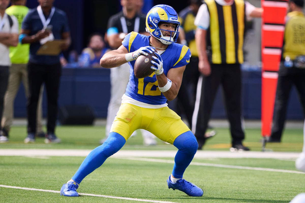 The Los Angeles Rams wide receiver Puka Nacua (12) catches the ball during an NFL football game against The Arizona Cardinals on October 18th, 2026 at SoFi Stadium in Los Angeles, California. The Los Angeles Rams wide receiver Puka Nacua (12) catches the ball during an NFL football game against The Arizona Cardinals on October 18th, 2026 at SoFi Stadium in Los Angeles, California.