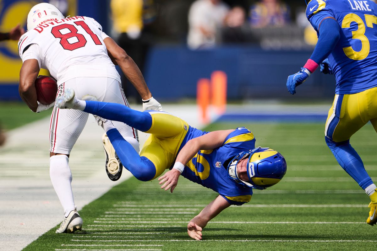 The Los Angeles Rams kicker Blake Grupe (19) gets hit during an NFL football game against The Arizona Cardinals on October 18th, 2026 at SoFi Stadium in Los Angeles, California. The Los Angeles Rams kicker Blake Grupe (19) gets hit during an NFL football game against The Arizona Cardinals on October 18th, 2026 at SoFi Stadium in Los Angeles, California.