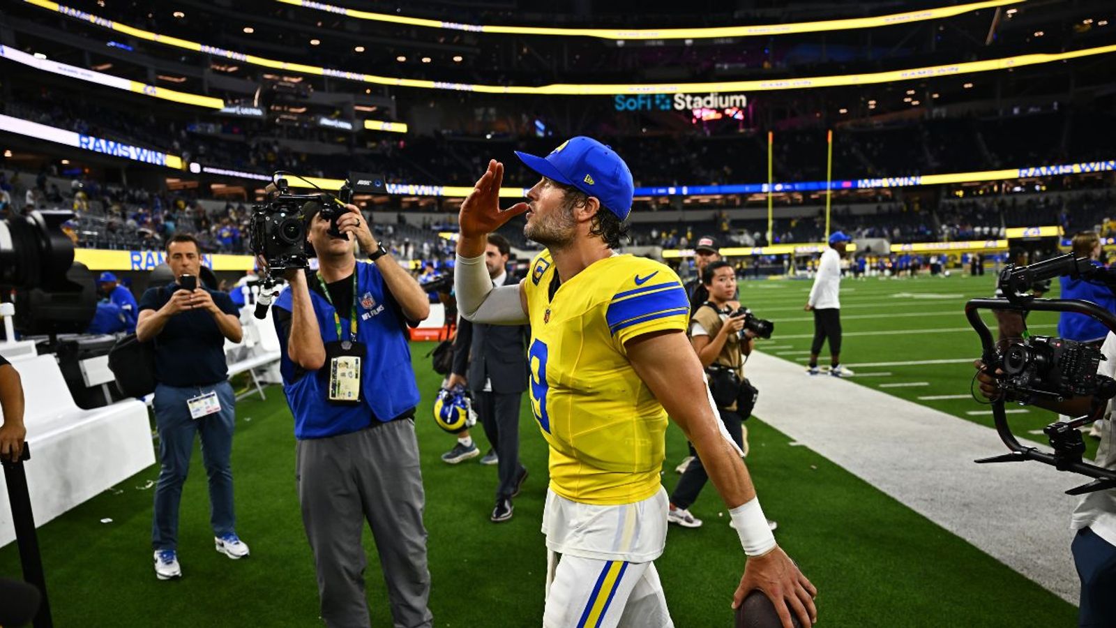 Los Angeles Rams quarterback Matthew Stafford (9) celebrates after defeating the New York Giants at SoFi Stadium