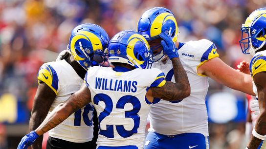 Kyren Williams #23 of the Los Angeles Rams celebrates his touchdown during the first half against the San Francisco 49ers at SoFi Stadium on September 22, 2024 in Inglewood, California. 