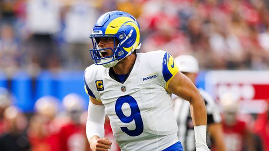 Matthew Stafford #9 of the Los Angeles Rams celebrates during the second half against the San Francisco 49ers at SoFi Stadium on September 22, 2024 in Inglewood, California. 