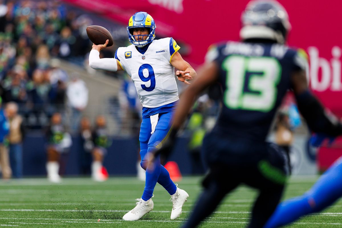 Matthew Stafford #9 of the Los Angeles Rams throws during the first half against the Seattle Seahawks at Lumen Field on November 3, 2024 in Seattle, Washington. Matthew Stafford #9 of the Los Angeles Rams throws during the first half against the Seattle Seahawks at Lumen Field on November 3, 2024 in Seattle, Washington.