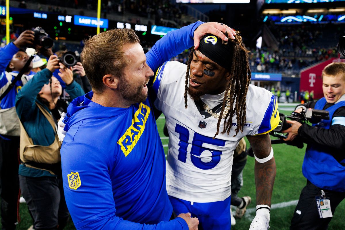 Sean McVay of the Los Angeles Rams hugs Demarcus Robinson #15 of the Los Angeles Rams after his game winning overtime touchdown catch against the Seattle Seahawks at Lumen Field on November 3, 2024 in Seattle, Washington. Sean McVay of the Los Angeles Rams hugs Demarcus Robinson #15 of the Los Angeles Rams after his game winning overtime touchdown catch against the Seattle Seahawks at Lumen Field on November 3, 2024 in Seattle, Washington.