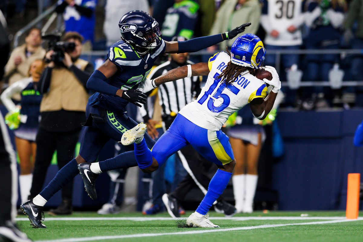Demarcus Robinson #15 of the Los Angeles Rams catches the ball for a touchdown in overtime against the Seattle Seahawks at Lumen Field on November 3, 2024 in Seattle, Washington. Demarcus Robinson #15 of the Los Angeles Rams catches the ball for a touchdown in overtime against the Seattle Seahawks at Lumen Field on November 3, 2024 in Seattle, Washington.
