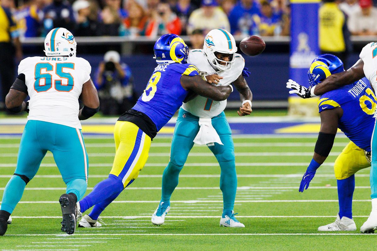Jared Verse #8 of the Los Angeles Rams sacks Tua Tagovailoa #1 of the Miami Dolphins during the first half at SoFi Stadium on November 11, 2024 in Inglewood, California. Jared Verse #8 of the Los Angeles Rams sacks Tua Tagovailoa #1 of the Miami Dolphins during the first half at SoFi Stadium on November 11, 2024 in Inglewood, California.