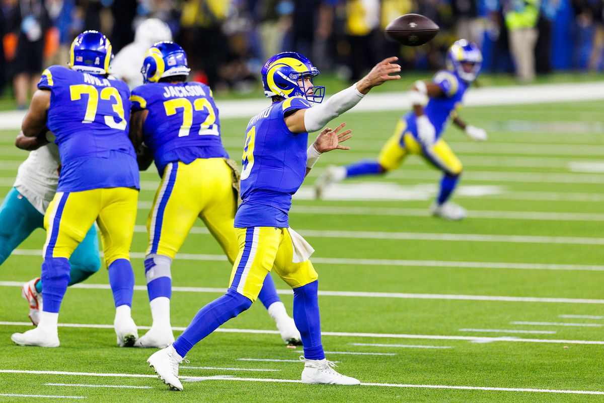 Matthew Stafford #9 of the Los Angeles Rams throws during the first half against the Miami Dolphins at SoFi Stadium on November 11, 2024 in Inglewood, California. Matthew Stafford #9 of the Los Angeles Rams throws during the first half against the Miami Dolphins at SoFi Stadium on November 11, 2024 in Inglewood, California.