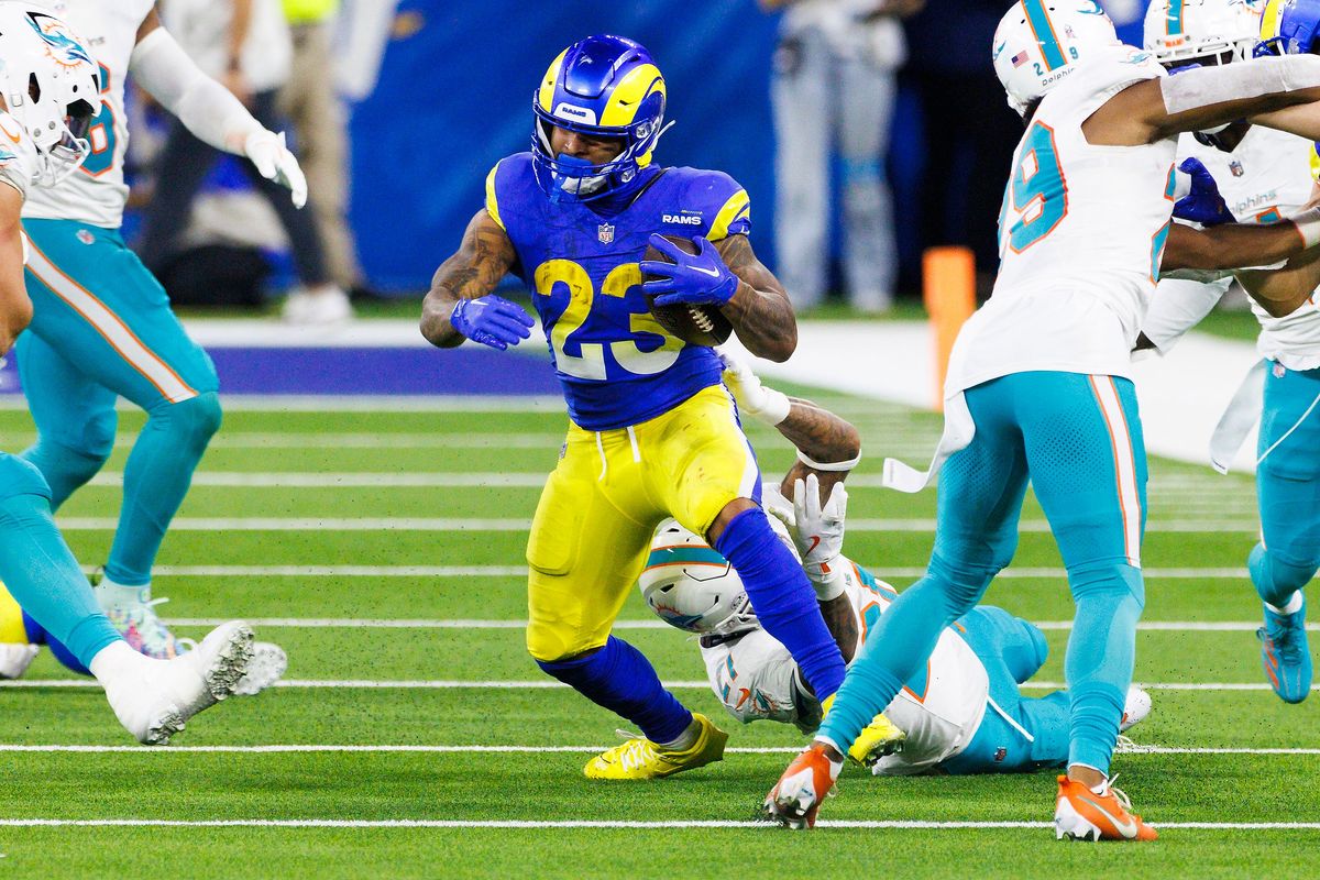 Kyren Williams #23 of the Los Angeles Rams runs with the ball during the second half against the Miami Dolphins at SoFi Stadium on November 11, 2024 in Inglewood, California. Kyren Williams #23 of the Los Angeles Rams runs with the ball during the second half against the Miami Dolphins at SoFi Stadium on November 11, 2024 in Inglewood, California.