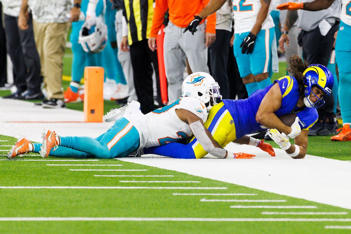 Puka Nacua #17 of the Los Angeles Rams is tackled during the second half against the Miami Dolphins at SoFi Stadium on November 11, 2024 in Inglewood, California. Puka Nacua #17 of the Los Angeles Rams is tackled during the second half against the Miami Dolphins at SoFi Stadium on November 11, 2024 in Inglewood, California.
