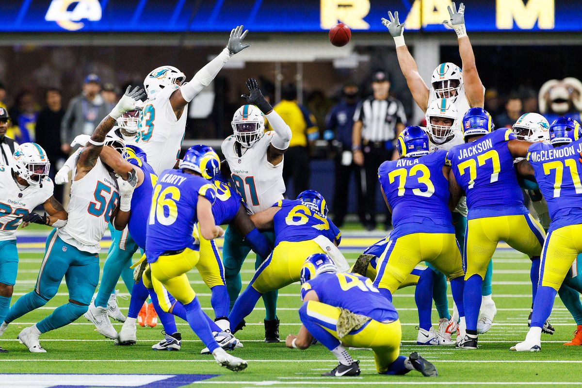 Joshua Karty #16 of the Los Angeles Rams kicks a field goal during the second half against the Miami Dolphins at SoFi Stadium on November 11, 2024 in Inglewood, California. Joshua Karty #16 of the Los Angeles Rams kicks a field goal during the second half against the Miami Dolphins at SoFi Stadium on November 11, 2024 in Inglewood, California.
