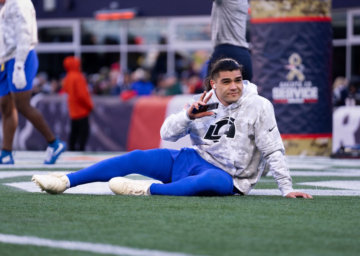 Puka Nacua #17 of the Los Angeles Rams warms up pregame at Gillette Stadium on November 17, 2024 in Foxborough, MA. Puka Nacua #17 of the Los Angeles Rams warms up pregame at Gillette Stadium on November 17, 2024 in Foxborough, MA.