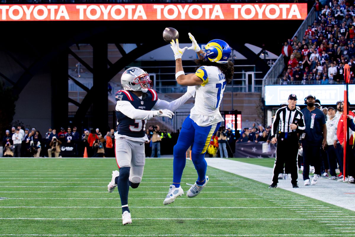 Puka Nacua #17 of the Los Angeles Rams attempts to catch a pass during the second half at Gillette Stadium on November 17, 2024 in Foxborough, Massachusetts. Puka Nacua #17 of the Los Angeles Rams attempts to catch a pass during the second half at Gillette Stadium on November 17, 2024 in Foxborough, Massachusetts.