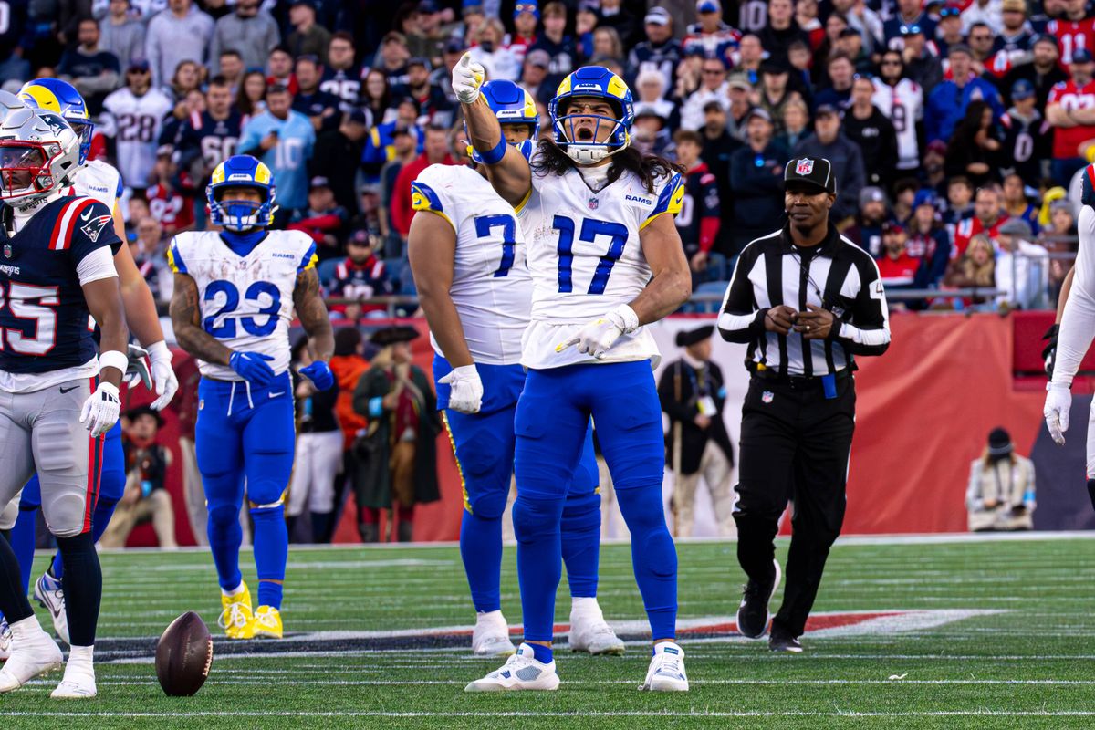 Puka Nacua #17 of the Los Angeles Rams celebrates a first down against the New England Patriots during the second half at Gillette Stadium on November 17, 2024 in Foxborough, Massachusetts. Puka Nacua #17 of the Los Angeles Rams celebrates a first down against the New England Patriots during the second half at Gillette Stadium on November 17, 2024 in Foxborough, Massachusetts.