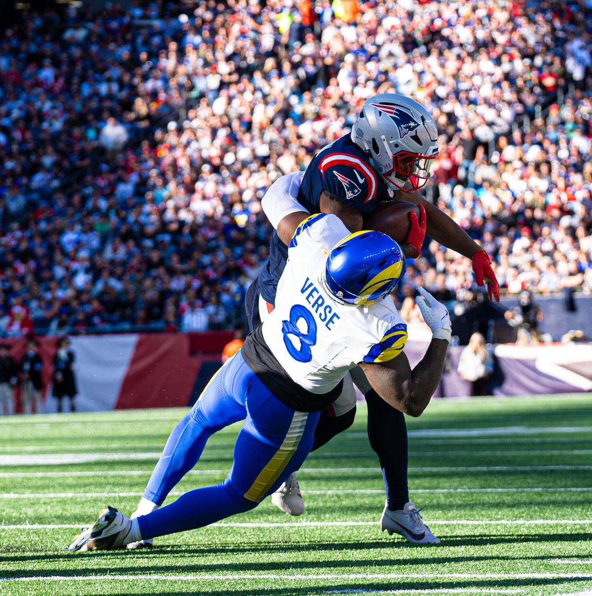 Jared Verse #8 of the Los Angeles Rams makes an open field tackle against the New England Patriots during the second half at Gillette Stadium on November 17, 2024 in Foxborough, Massachusetts. Jared Verse #8 of the Los Angeles Rams makes an open field tackle against the New England Patriots during the second half at Gillette Stadium on November 17, 2024 in Foxborough, Massachusetts.
