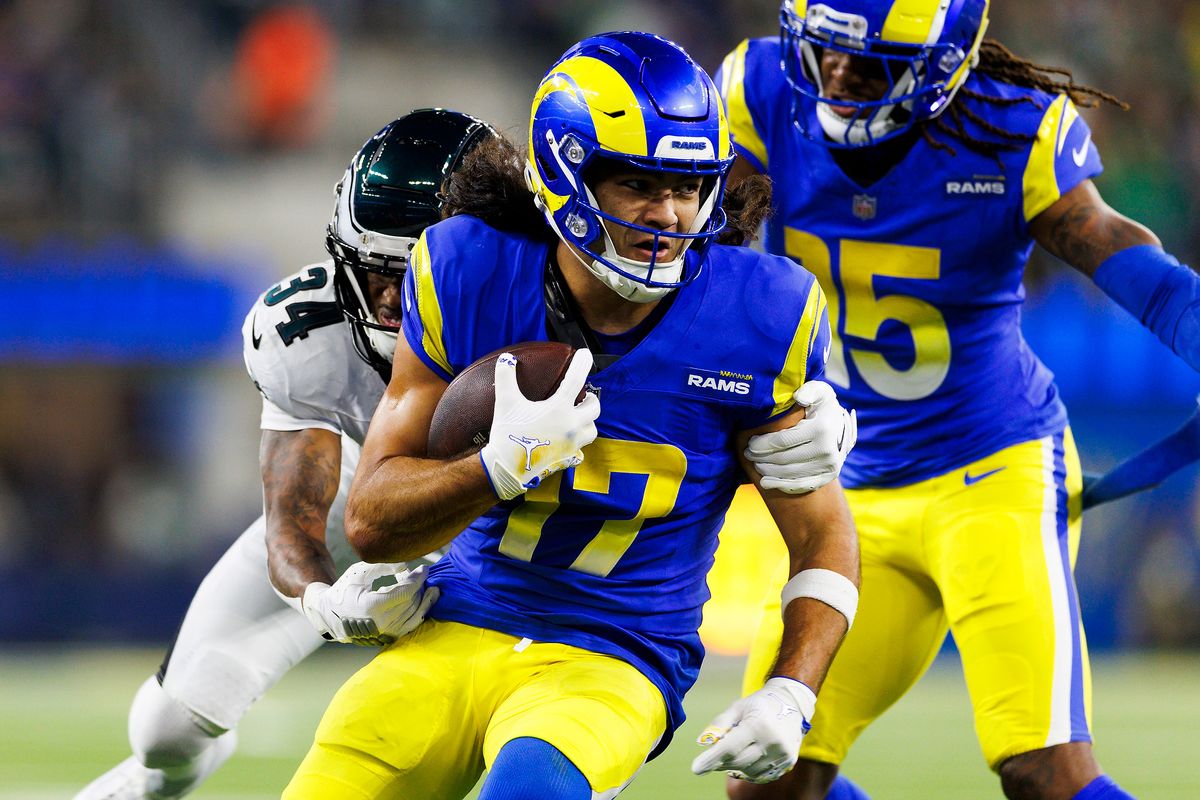 Puka Nacua #17 of the Los Angeles Rams runs after the catch during the second half against the Philadelphia Eagles at SoFi Stadium on November 24, 2024 in Inglewood, California. 