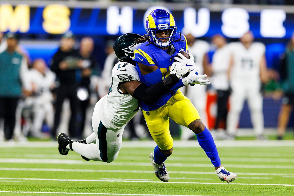 Demarcus Robinson #15 of the Los Angeles Rams runs after the catch during the first half against the Philadelphia Eagles at SoFi Stadium on November 24, 2024 in Inglewood, California. 
