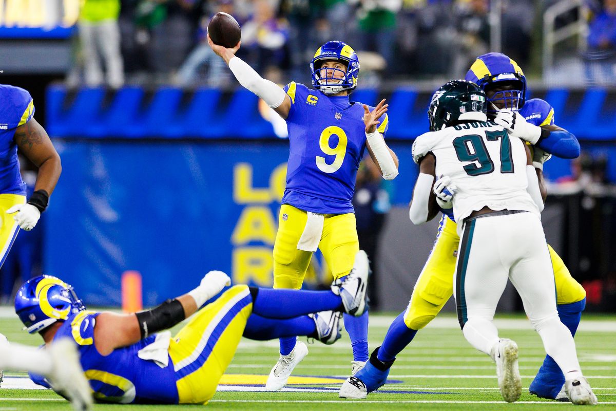 Matthew Stafford #9 of the Los Angeles Rams throws during the second half against the Philadelphia Eagles at SoFi Stadium on November 24, 2024 in Inglewood, California. 
