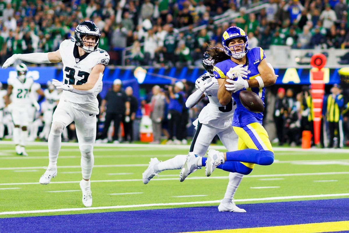 Puka Nacua #17 of the Los Angeles Rams drops the ball in the endzone during the second half against the Los Angeles Rams at SoFi Stadium on November 24, 2024 in Inglewood, California.