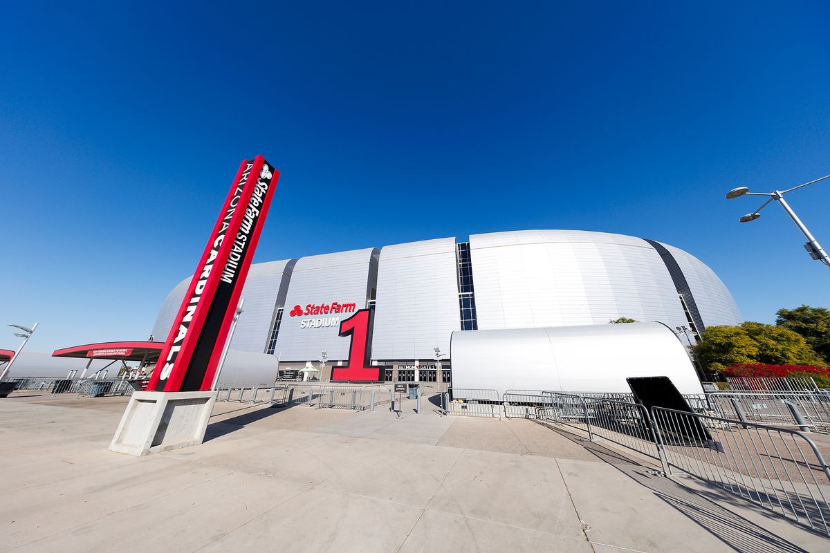 A general view of the exterior of the stadium before the game between the Minnesota Vikings and the Los Angeles Rams at State Farm Stadium on January 13, 2025 in Glendale, Arizona. 