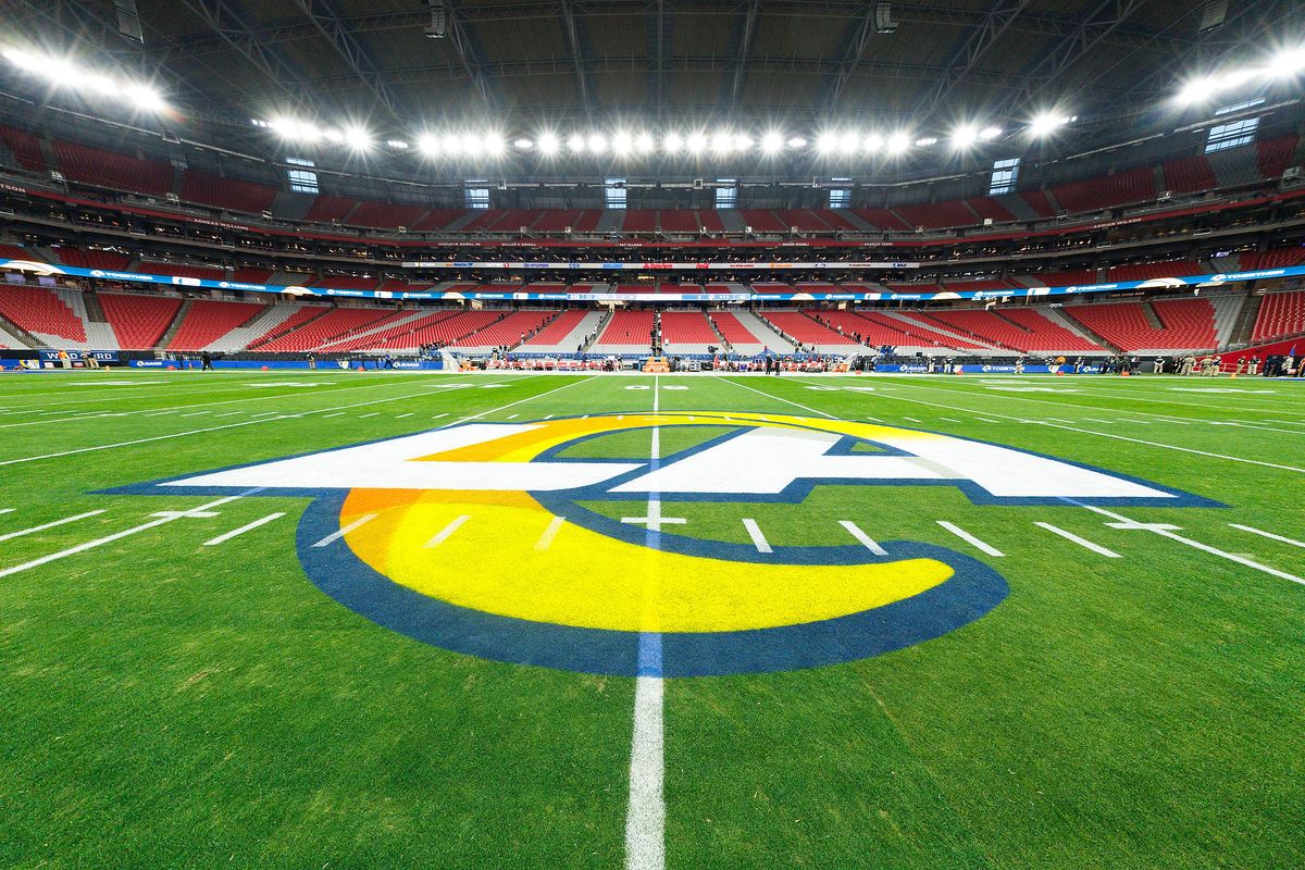 A general view of the Los Angeles Rams logo on the field before the game between the Minnesota Vikings at State Farm Stadium on January 13, 2025 in Glendale, Arizona. 