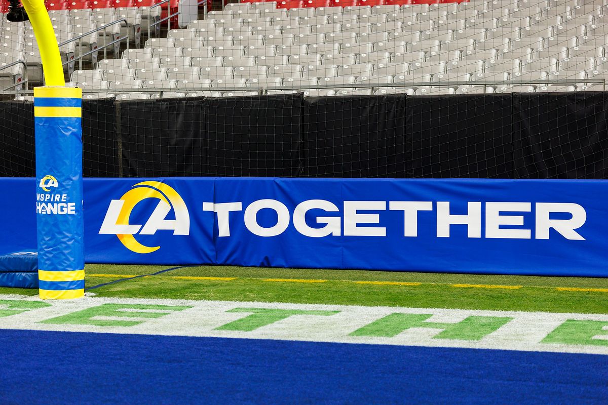 A detail view of Los Angeles Rams Together logo on the sideline before the game against the Minnesota Vikings at State Farm Stadium on January 13, 2025 in Glendale, Arizona. 
