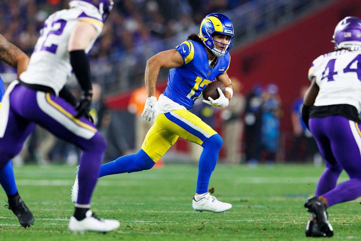 Puka Nacua #17 of the Los Angeles Rams runs after the catch during the second half of the NFC Wild Card Playoff game against the Minnesota Vikings at State Farm Stadium on January 13, 2025 in Glendale, Arizona. Puka Nacua #17 of the Los Angeles Rams runs after the catch during the second half of the NFC Wild Card Playoff game against the Minnesota Vikings at State Farm Stadium on January 13, 2025 in Glendale, Arizona.