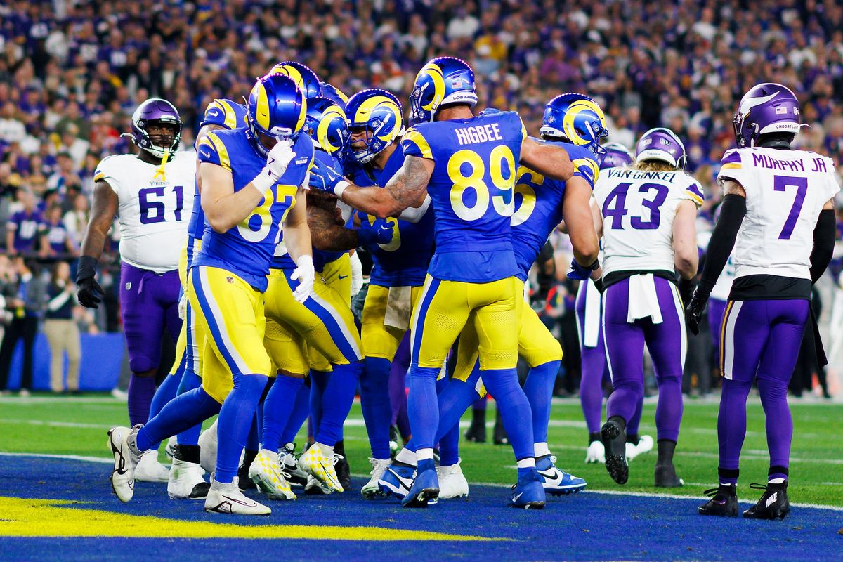 Los Angeles Rams celebrate a touchdown during the NFC Wild Card Playoff game against the Minnesota Vikings at State Farm Stadium on January 13, 2025 in Glendale, Arizona. Los Angeles Rams celebrate a touchdown during the NFC Wild Card Playoff game against the Minnesota Vikings at State Farm Stadium on January 13, 2025 in Glendale, Arizona.