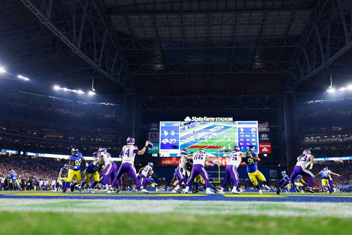 Sam Darnold #14 of the Minnesota Vikings throws after the NFC Wild Card Playoff game against the Los Angeles Rams at State Farm Stadium on January 13, 2025 in Glendale, Arizona. Sam Darnold #14 of the Minnesota Vikings throws after the NFC Wild Card Playoff game against the Los Angeles Rams at State Farm Stadium on January 13, 2025 in Glendale, Arizona.