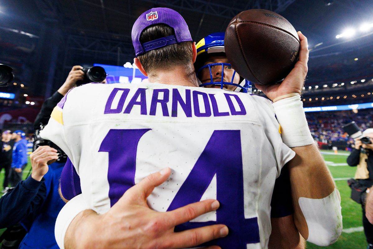 Matthew Stafford #9 of the Los Angeles Rams hugs Sam Darnold #14 of the Minnesota Vikings after the NFC Wild Card Playoff game at State Farm Stadium on January 13, 2025 in Glendale, Arizona. Matthew Stafford #9 of the Los Angeles Rams hugs Sam Darnold #14 of the Minnesota Vikings after the NFC Wild Card Playoff game at State Farm Stadium on January 13, 2025 in Glendale, Arizona.