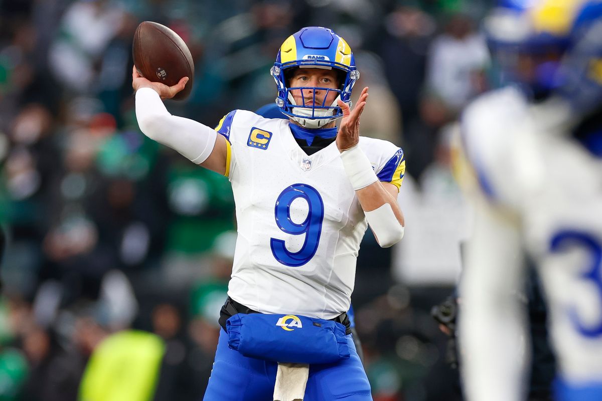 Matthew Stafford #9 of the Los Angeles Rams warms up on the field prior to the NFC Divisional Playoff game against the Philadelphia Eagles at Lincoln Financial Field on January 19, 2025 in Philadelphia, Pennsylvania. Matthew Stafford #9 of the Los Angeles Rams warms up on the field prior to the NFC Divisional Playoff game against the Philadelphia Eagles at Lincoln Financial Field on January 19, 2025 in Philadelphia, Pennsylvania.