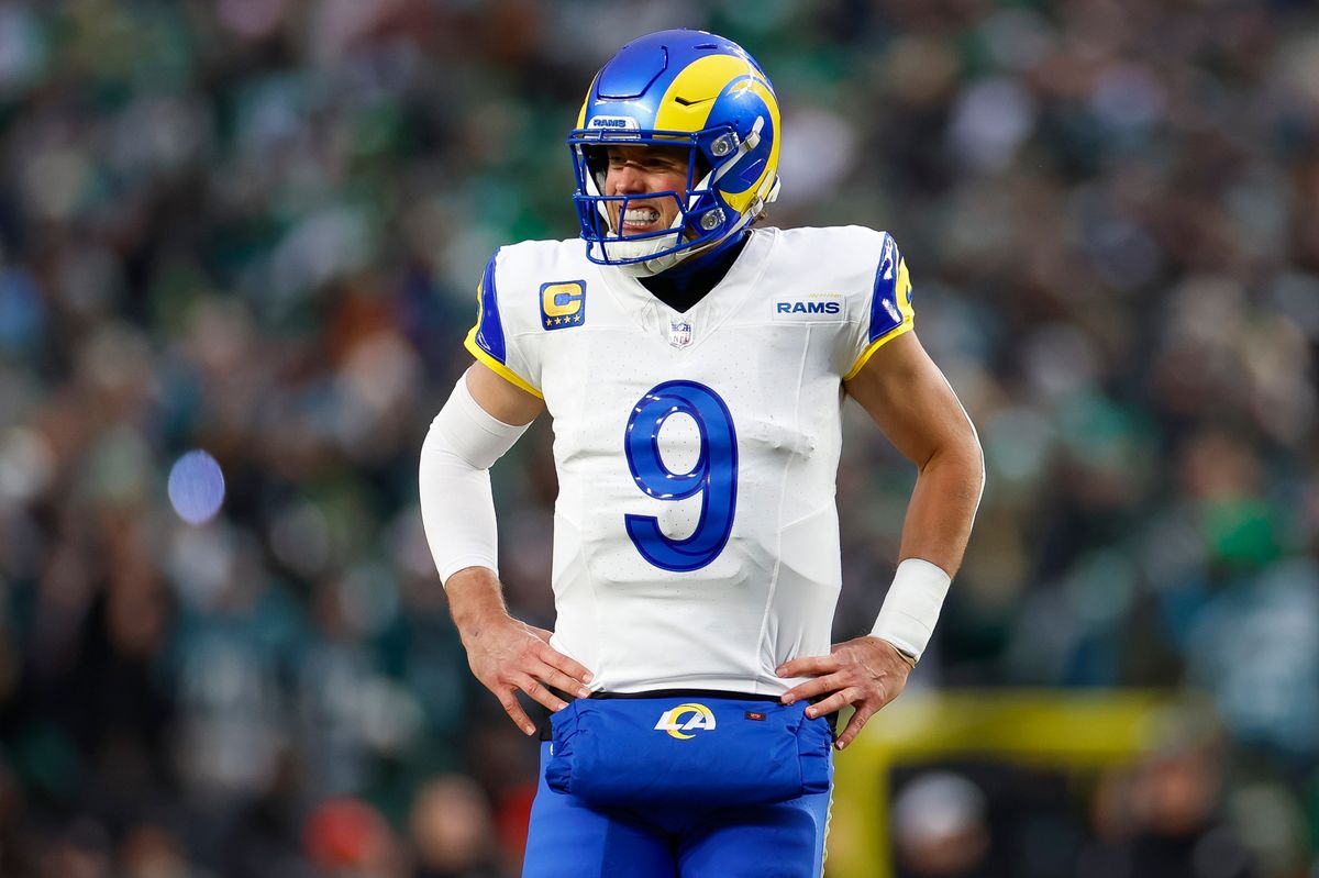 Matthew Stafford #9 of the Los Angeles Rams reacts in the first quarter during the NFC Divisional Playoff game against the Philadelphia Eagles at Lincoln Financial Field on January 19, 2025 in Philadelphia, Pennsylvania. Matthew Stafford #9 of the Los Angeles Rams reacts in the first quarter during the NFC Divisional Playoff game against the Philadelphia Eagles at Lincoln Financial Field on January 19, 2025 in Philadelphia, Pennsylvania.