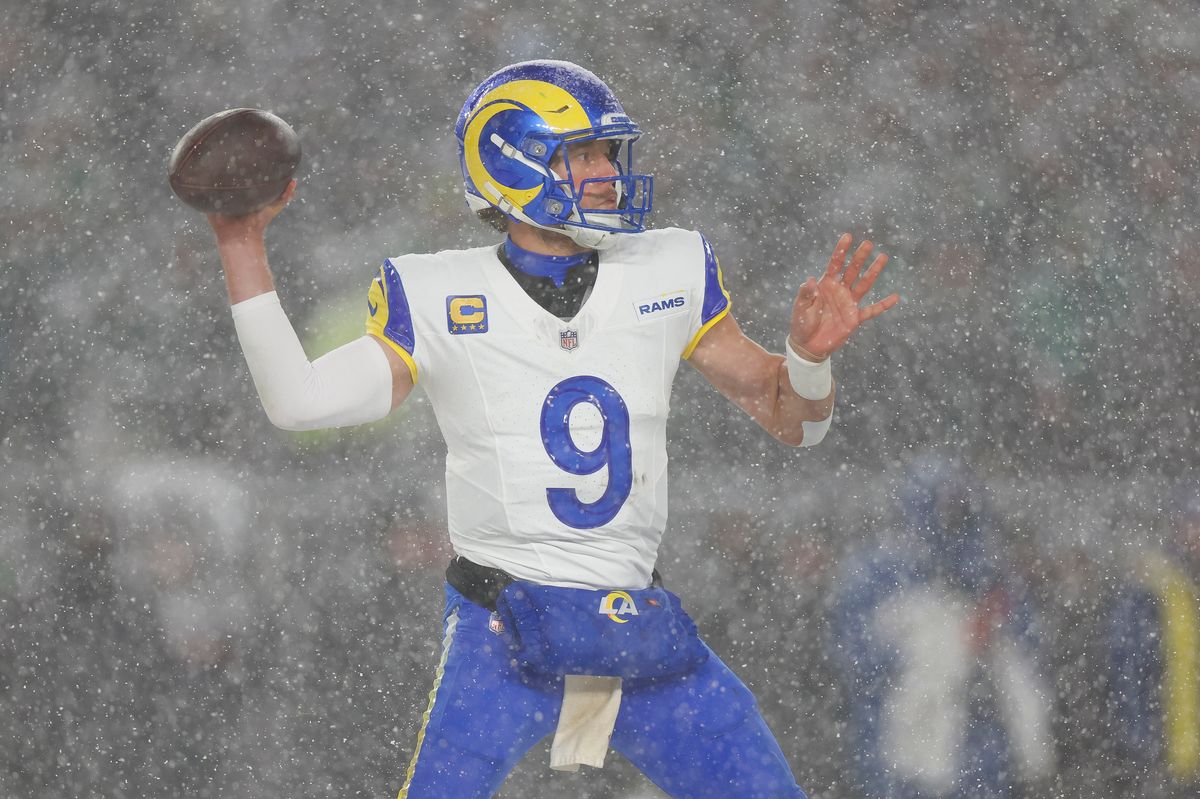 Matthew Stafford #9 of the Los Angeles Rams throws a pass in the third quarter during the NFC Divisional Playoff game against the Philadelphia Eagles at Lincoln Financial Field on January 19, 2025 in Philadelphia, Pennsylvania. Matthew Stafford #9 of the Los Angeles Rams throws a pass in the third quarter during the NFC Divisional Playoff game against the Philadelphia Eagles at Lincoln Financial Field on January 19, 2025 in Philadelphia, Pennsylvania.