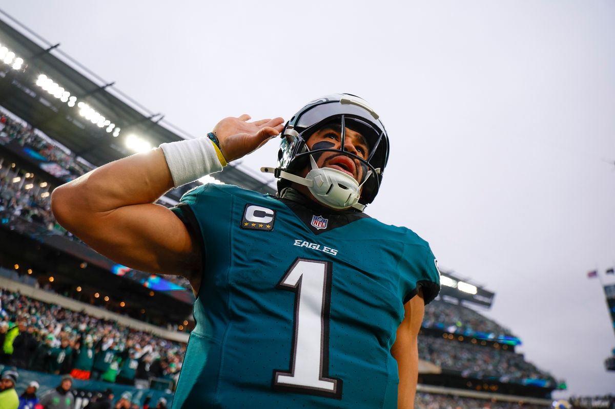 Jalen Hurts #1 of the Philadelphia Eagles celebrates a touchdown run in the first quarter during the NFC Divisional Playoff game against the Los Angeles Rams at Lincoln Financial Field on January 19, 2025 in Philadelphia, Pennsylvania. Jalen Hurts #1 of the Philadelphia Eagles celebrates a touchdown run in the first quarter during the NFC Divisional Playoff game against the Los Angeles Rams at Lincoln Financial Field on January 19, 2025 in Philadelphia, Pennsylvania.