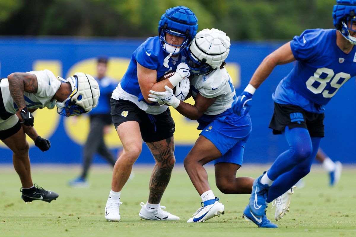 Terrance Ferguson #18 of the Los Angeles Rams is stopped on a play during an OTA offseason workout on June 3, 2025 in Woodland Hills, California. 
