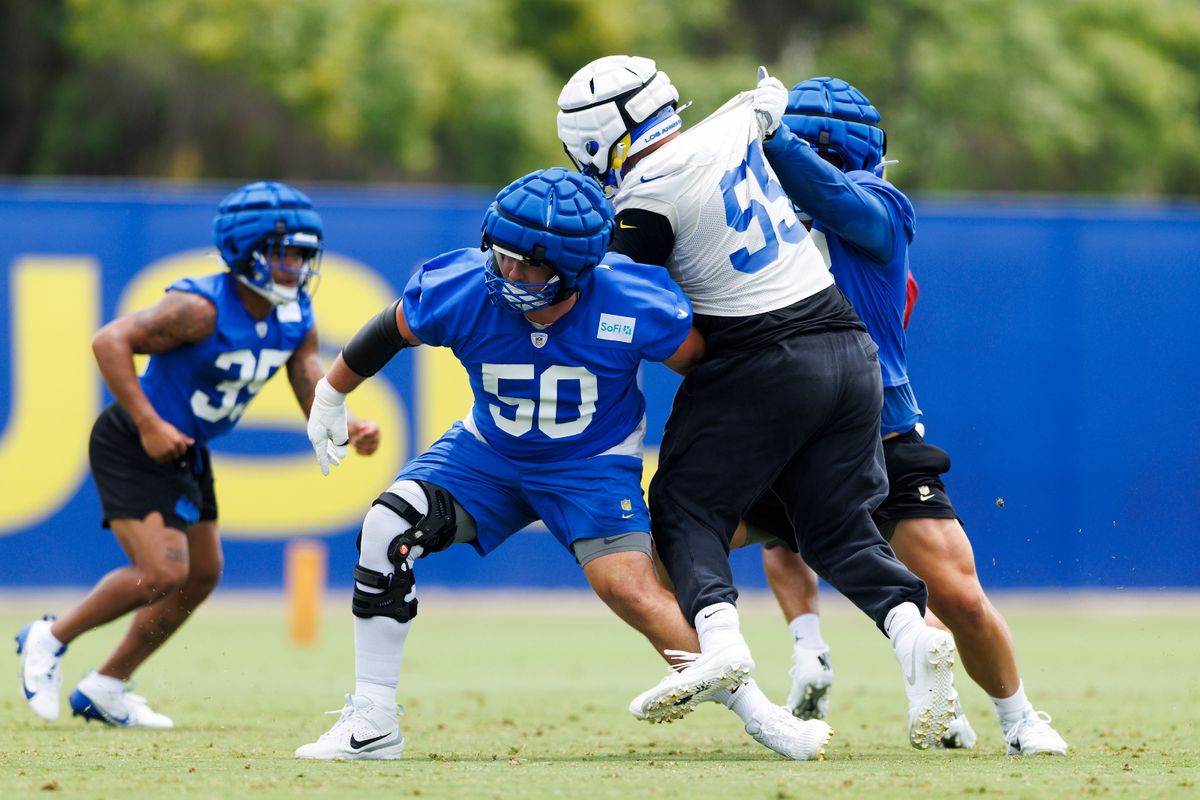 Beaux Limmer #50 of the Los Angeles Rams blocks Braden Fiske #55 of the Los Angeles Rams during an OTA offseason workout on June 3, 2025 in Woodland Hills, California. 