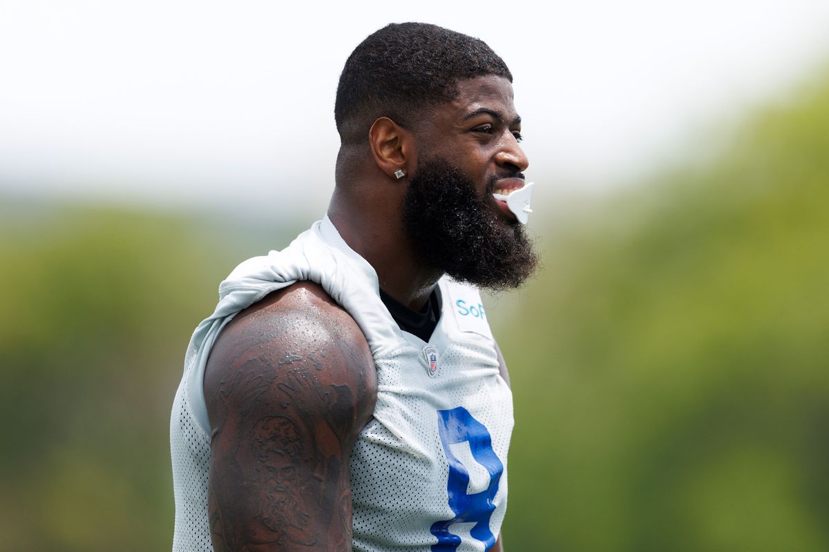 Jared Verse #8 of the Los Angeles Rams during an OTA offseason workout on June 3, 2025 in Woodland Hills, California. 