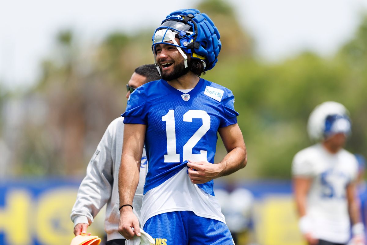 Puka Nacua #12 of the Los Angeles Rams walks off the field after an OTA offseason workout on June 3, 2025 in Woodland Hills, California.