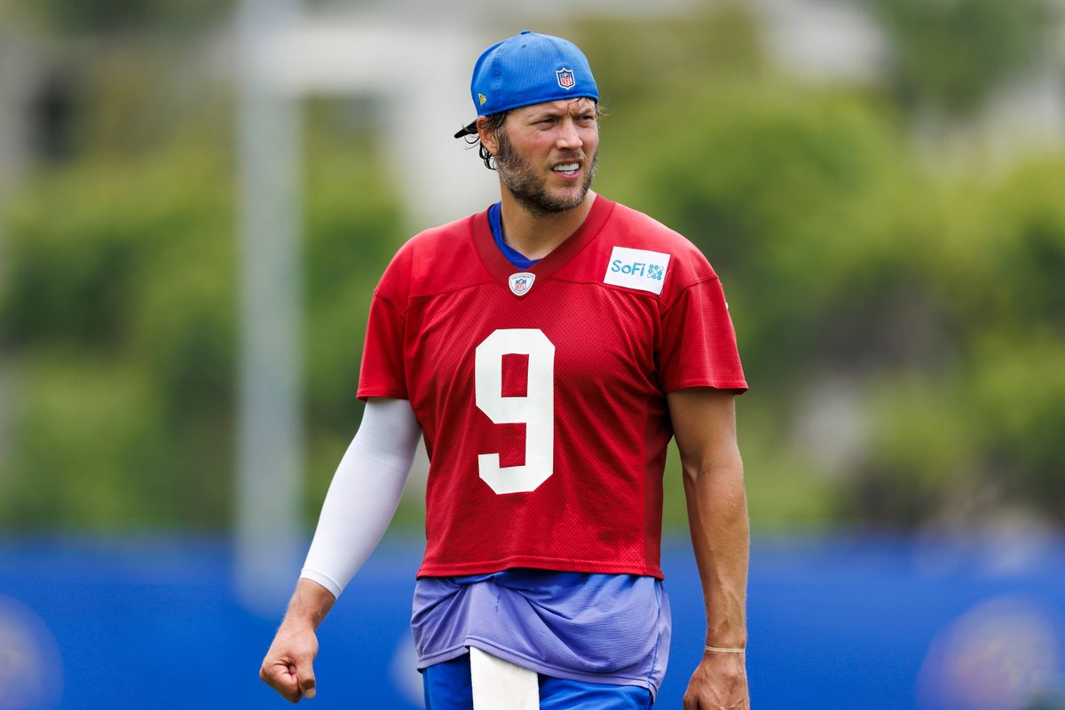 Matthew Stafford #9 of the Los Angeles Rams walks off the field after an OTA offseason workout on June 3, 2025 in Woodland Hills, California.