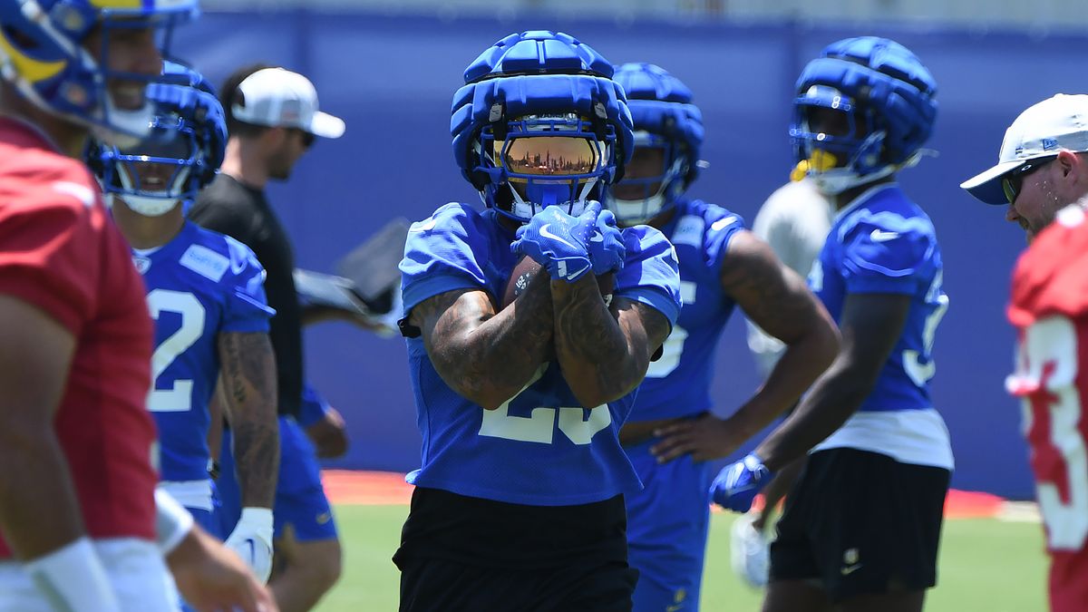 Los Angeles Rams running back Kyren Williams (23) runs during drills of the Rams OTA on June 10, 2025 in Woodland Hills, Calif.