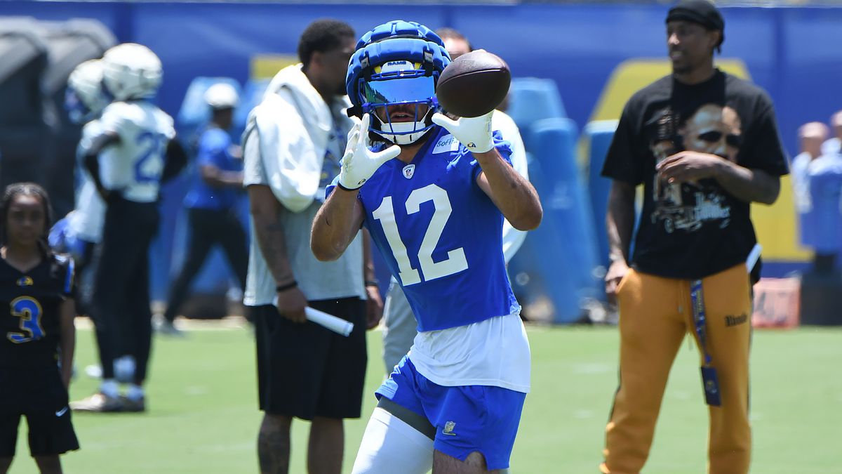 Los Angeles Rams wide receiver Puka Nacua (12) catches a pass during drills of the Rams OTA on June 10, 2025 in Woodland Hills, Calif.