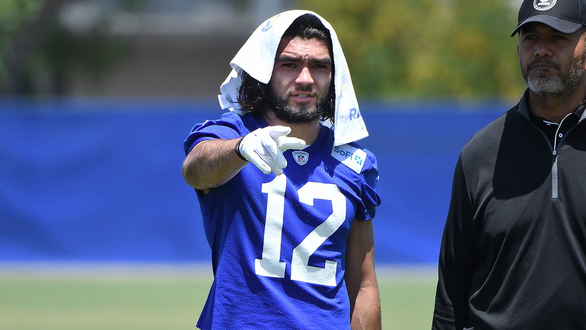 Los Angeles Rams wide receiver Puka Nacua (12) walks off the field after drills of the Rams OTA on June 10, 2025 in Woodland Hills, Calif.