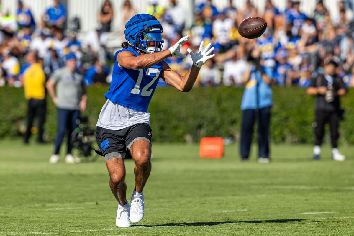 Los Angeles Rams wide receiver Puka Nacua (12) catches a pass during training camp at Loyola Marymount University, Thursday July 24, 2025 in Los Angeles, Calif.
