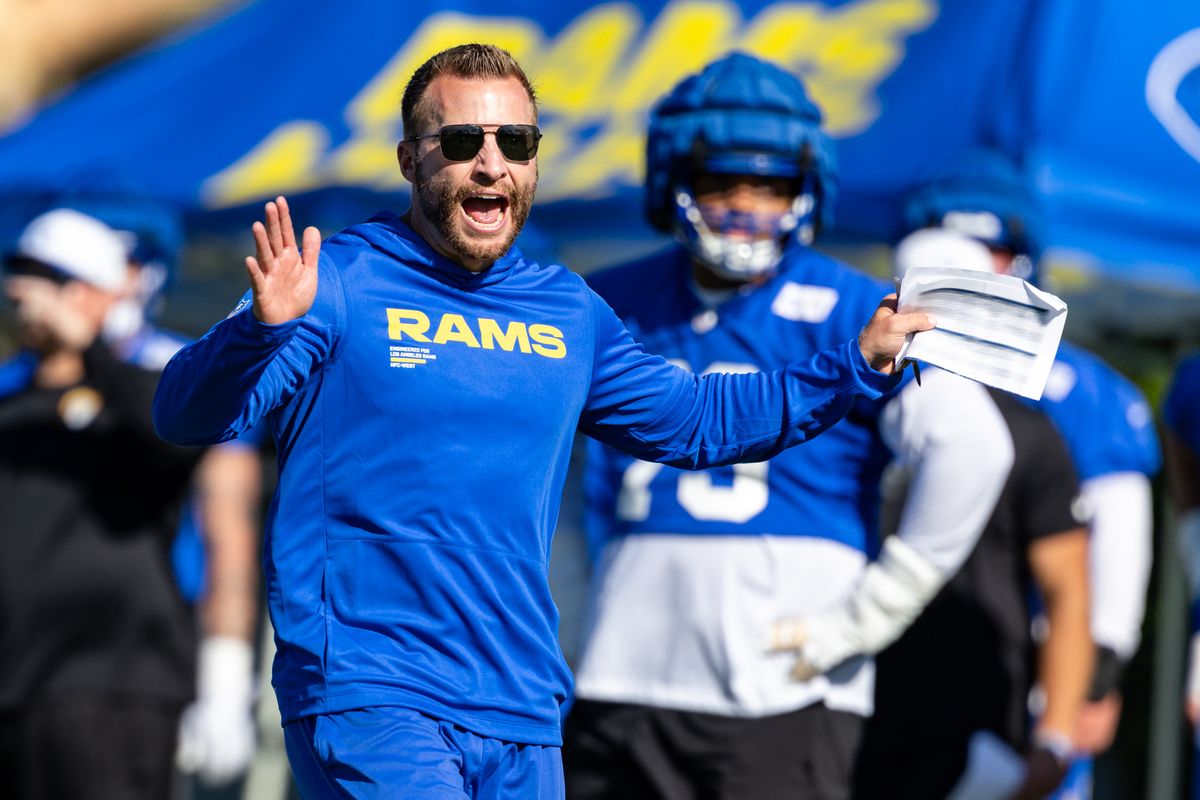 Los Angeles Rams head coach Sean McVay reacts to a play during training camp at Loyola Marymount University, Thursday July 24, 2025 in Los Angeles, Calif.