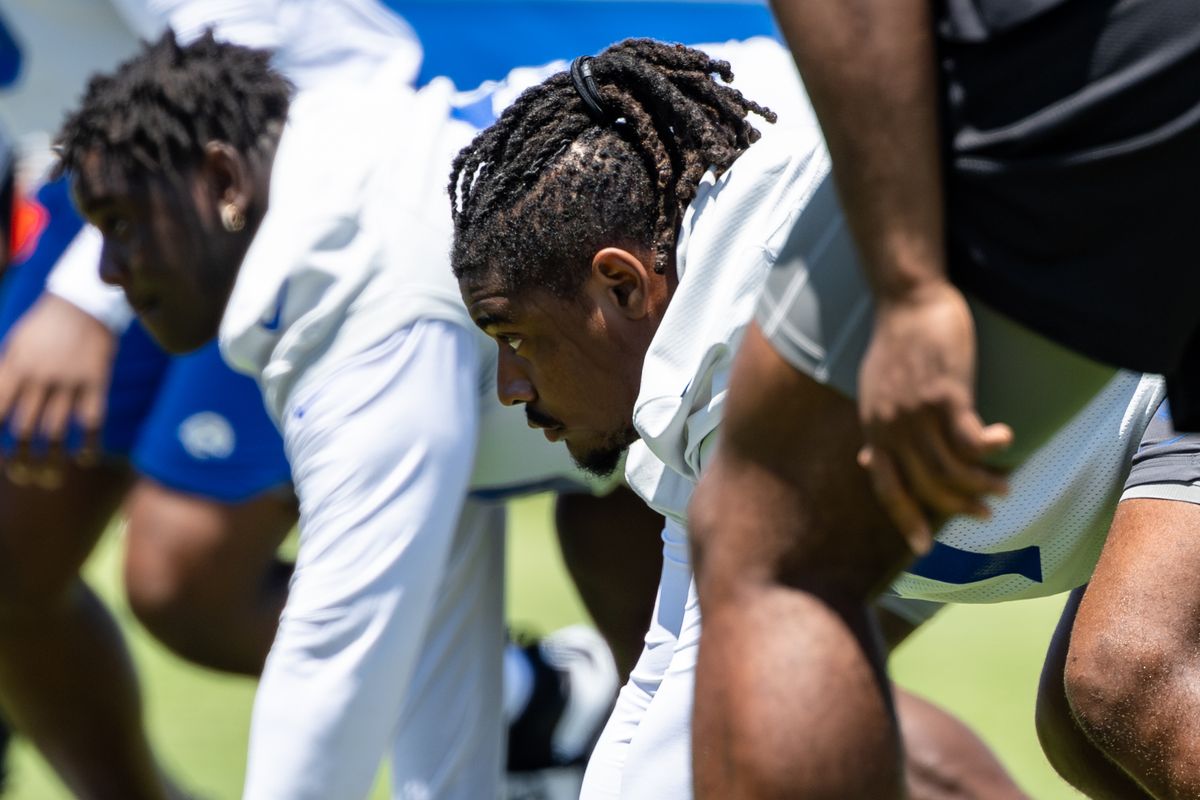Los Angeles Rams defensive tackle Ty Hamilton (57) lines up on the line of scrimmage during training camp at Loyola Marymount University, Friday July 25, 2025 in Los Angeles, Calif.