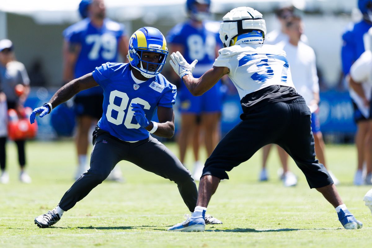 Mario Williams #86 of the Los Angeles Rams runs a route during training camp practice at Loyola Marymount University on July 25, 2025 in Los Angeles, California.