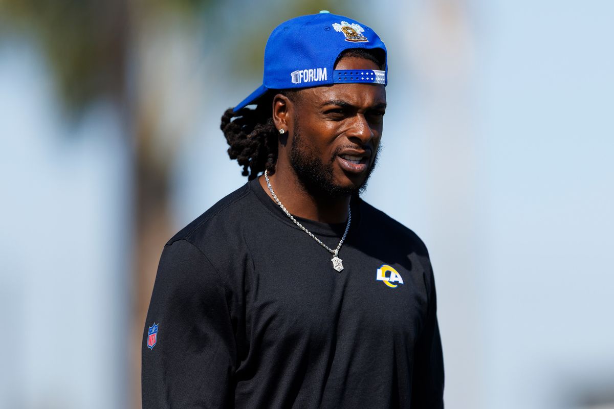 Davante Adams #17 of the Los Angeles Rams during training camp practice at Loyola Marymount University on July 28, 2025 in Los Angeles, California. Davante Adams #17 of the Los Angeles Rams during training camp practice at Loyola Marymount University on July 28, 2025 in Los Angeles, California.