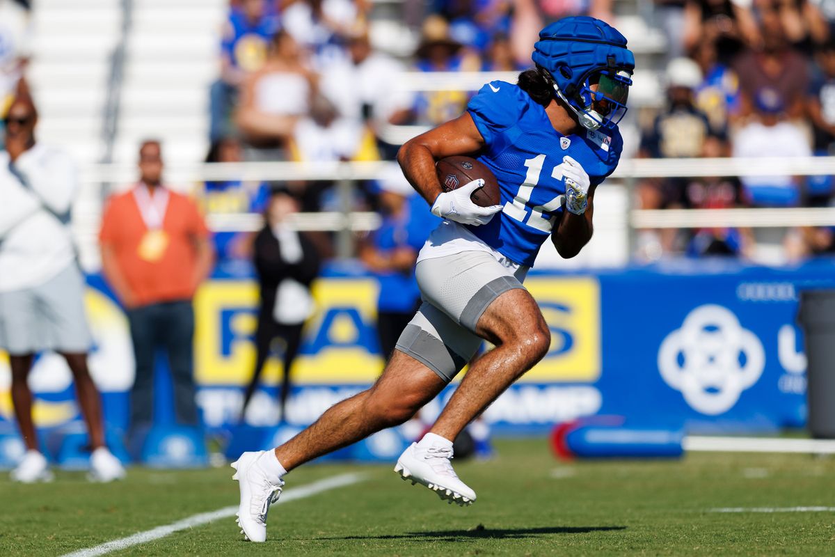 Puka Nacua #12 of the Los Angeles Rams runs after the catch during training camp practice at Loyola Marymount University on July 28, 2025 in Los Angeles, California. Puka Nacua #12 of the Los Angeles Rams runs after the catch during training camp practice at Loyola Marymount University on July 28, 2025 in Los Angeles, California.