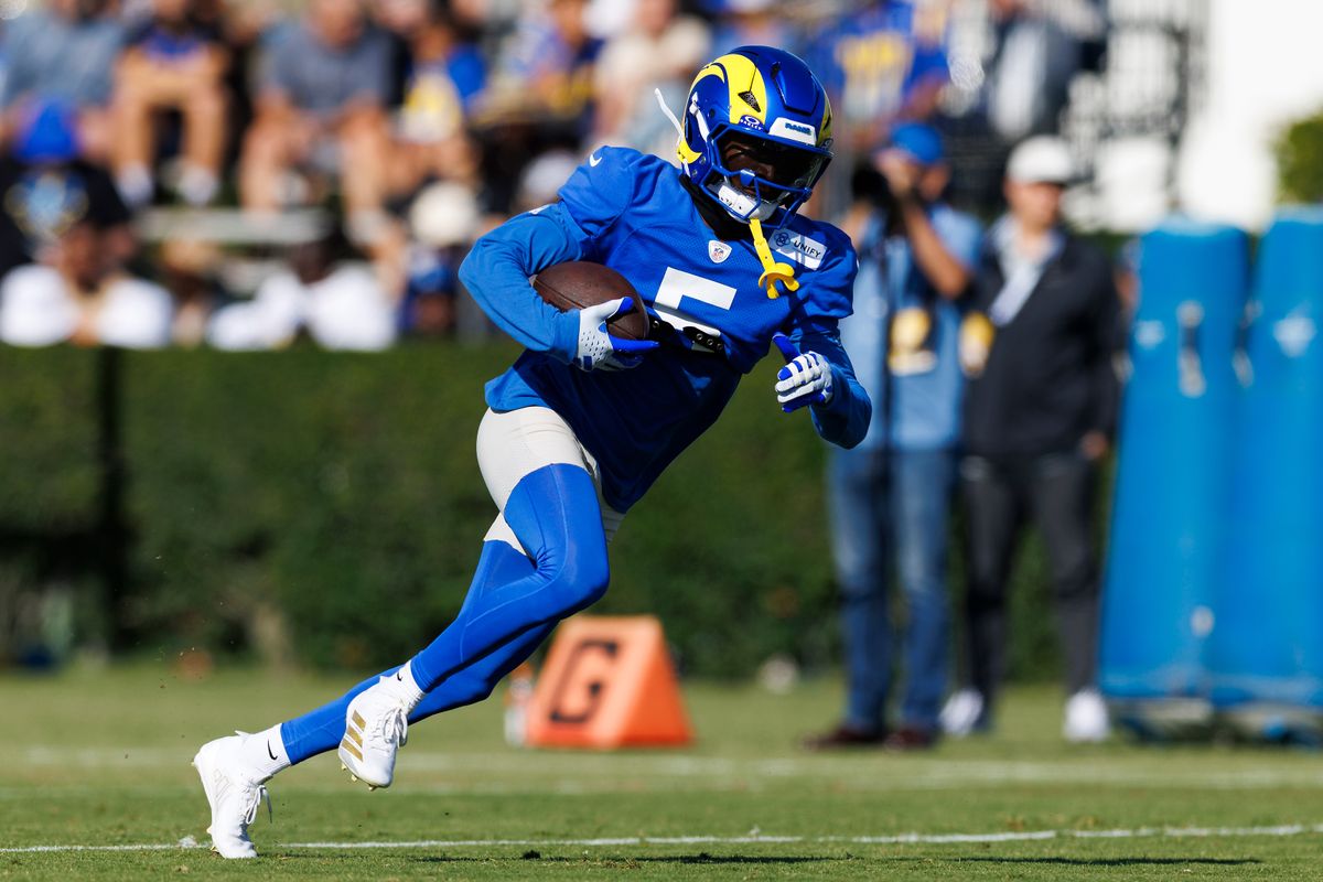 Tutu Atwell #5 of the Los Angeles Rams runs after the catch during training camp practice at Loyola Marymount University on July 28, 2025 in Los Angeles, California. Tutu Atwell #5 of the Los Angeles Rams runs after the catch during training camp practice at Loyola Marymount University on July 28, 2025 in Los Angeles, California.