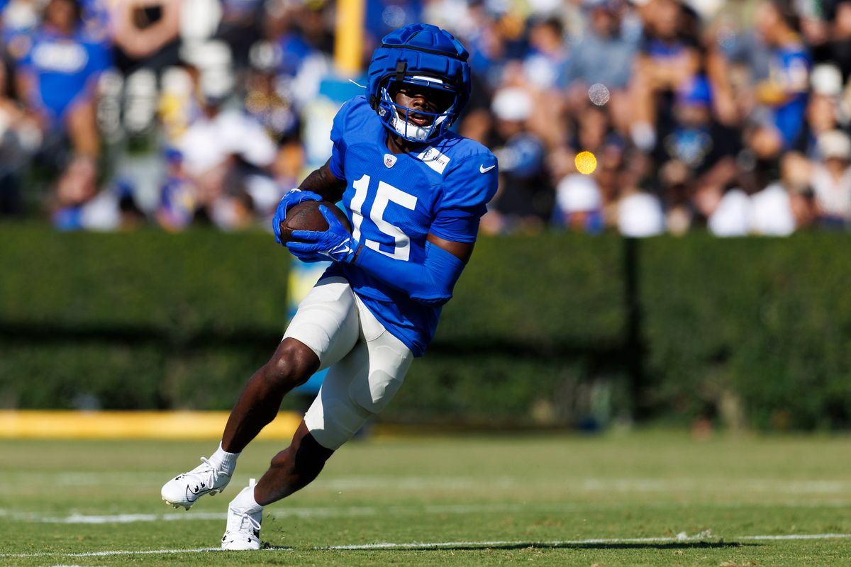 Konata Mumpfield #15 of the Los Angeles Rams runs after the catch during training camp practice at Loyola Marymount University on July 28, 2025 in Los Angeles, California. Konata Mumpfield #15 of the Los Angeles Rams runs after the catch during training camp practice at Loyola Marymount University on July 28, 2025 in Los Angeles, California.