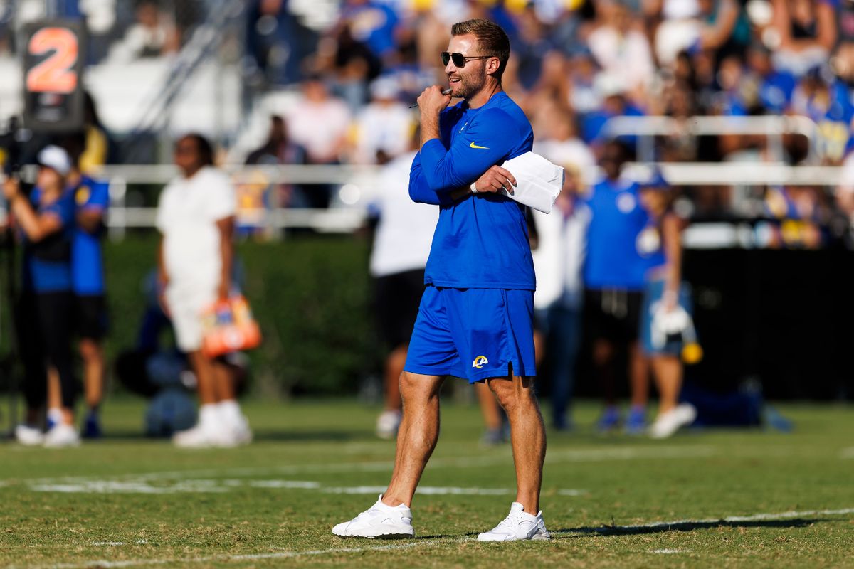 Sean McVay of the Los Angeles Rams during training camp practice at Loyola Marymount University on July 28, 2025 in Los Angeles, California. Sean McVay of the Los Angeles Rams during training camp practice at Loyola Marymount University on July 28, 2025 in Los Angeles, California.