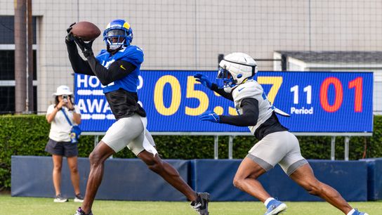 Los Angeles Rams wide receiver Davante Adams (17) catches a pass during training camp at Loyola Marymount University, Saturday August 2, 2025 in Los Angeles, Calif.